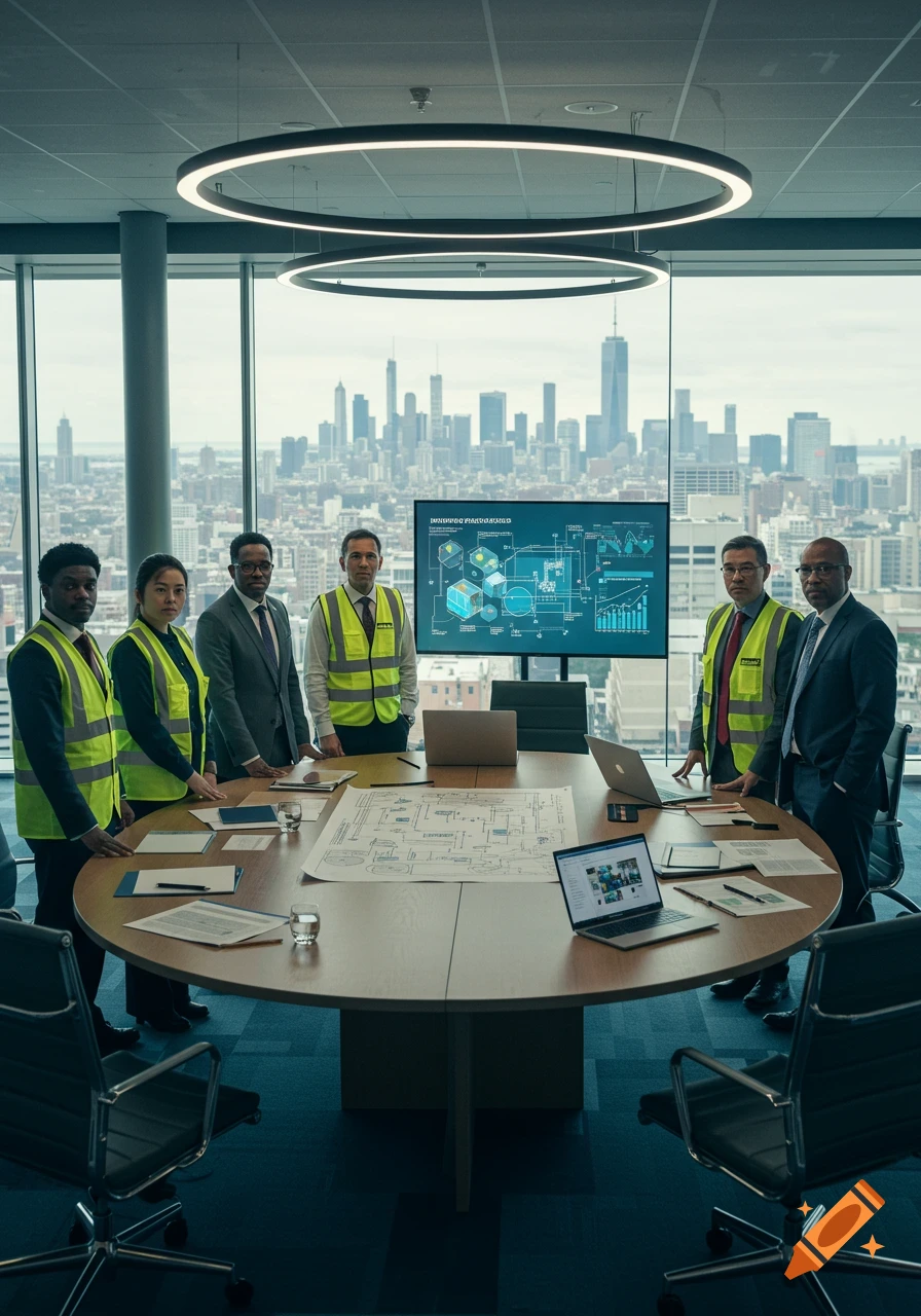 A group of diverse professionals, some wearing safety vests, stand around a meeting table in an office with a city skyline view. A large screen displays engineering diagrams. Photorealistic style.