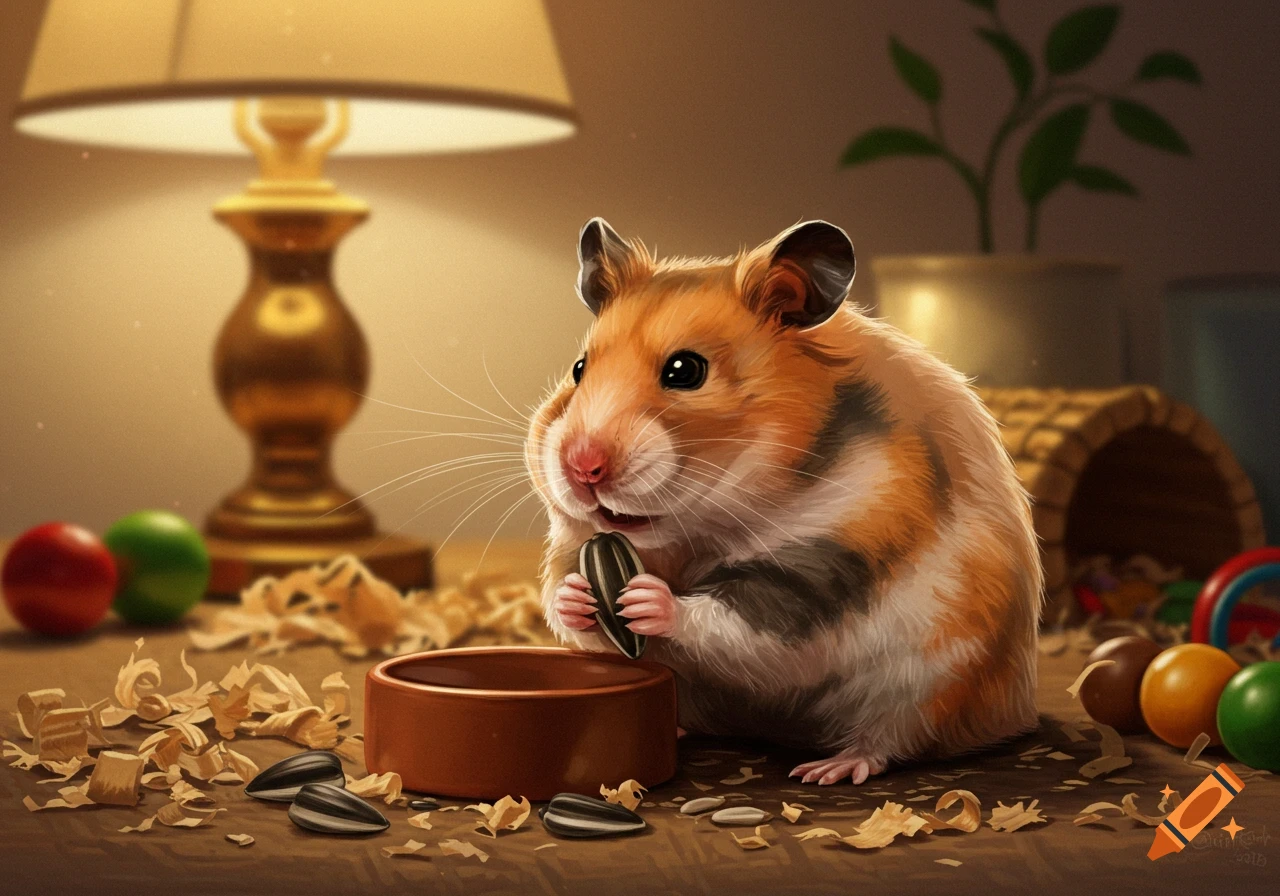 A cute fluffy hamster holds a sunflower seed, sitting next to a bowl on a surface covered in wood shavings, with a lamp in the background.