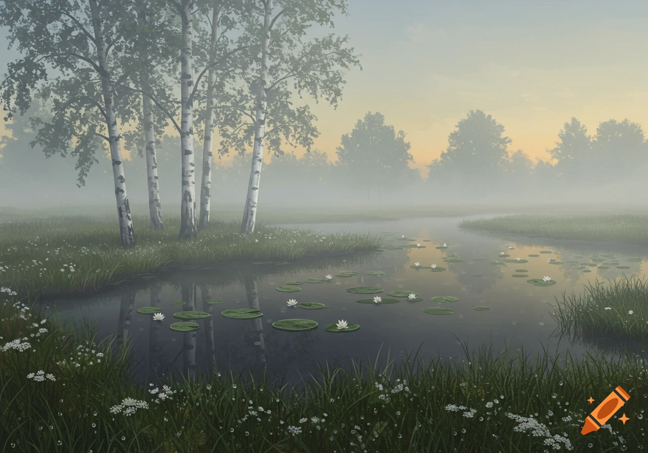 Misty landscape with birch trees beside a pond filled with lily pads and white flowers under a soft, golden sky, digital painting.