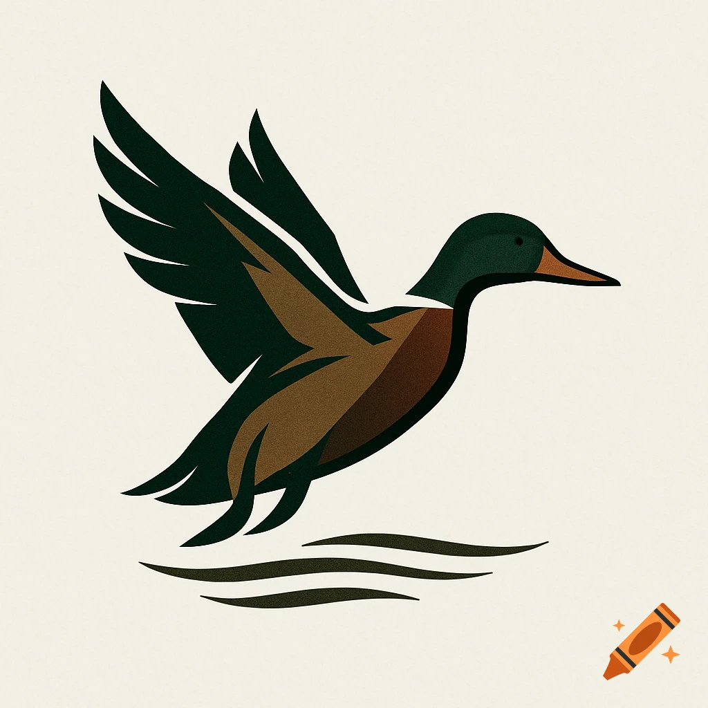 Stylized logo illustration of a duck taking flight over water.
