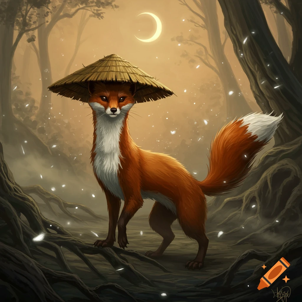 A fox-headed creature with a long weasel-like body and wolf tail wears a conical hat in a mystical forest under a crescent moon, digital art.