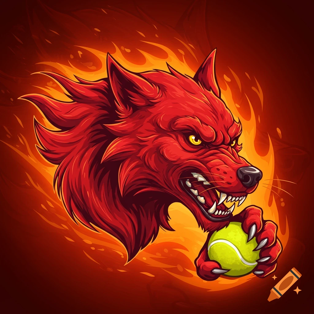 A snarling red comic wolf head with yellow eyes, holding a yellow tennis ball in its paw, against a backdrop of stylized flames.
