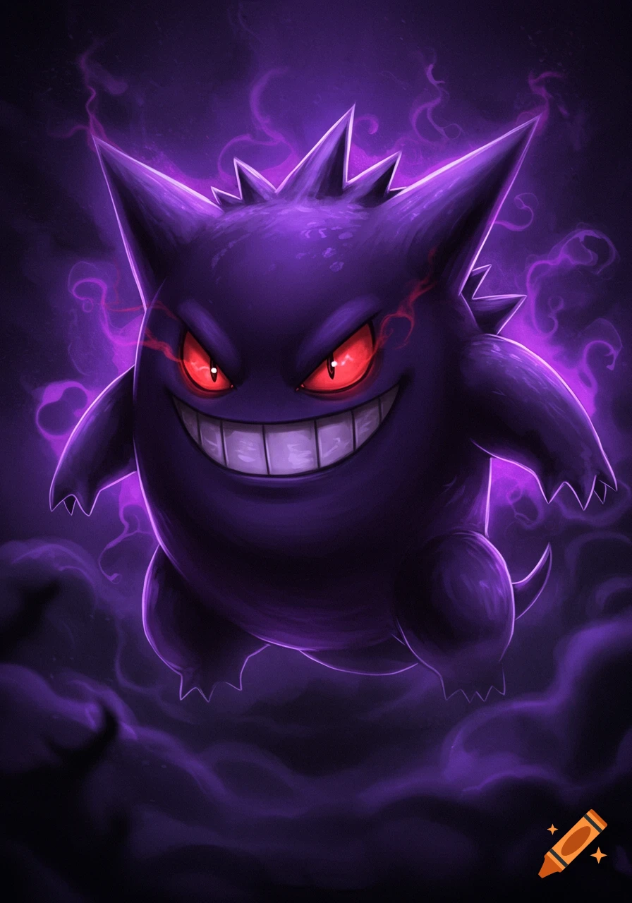 A stylized purple Gengar with glowing red eyes and a sharp grin, surrounded by dark purple smoke, in a dark fantasy art style.