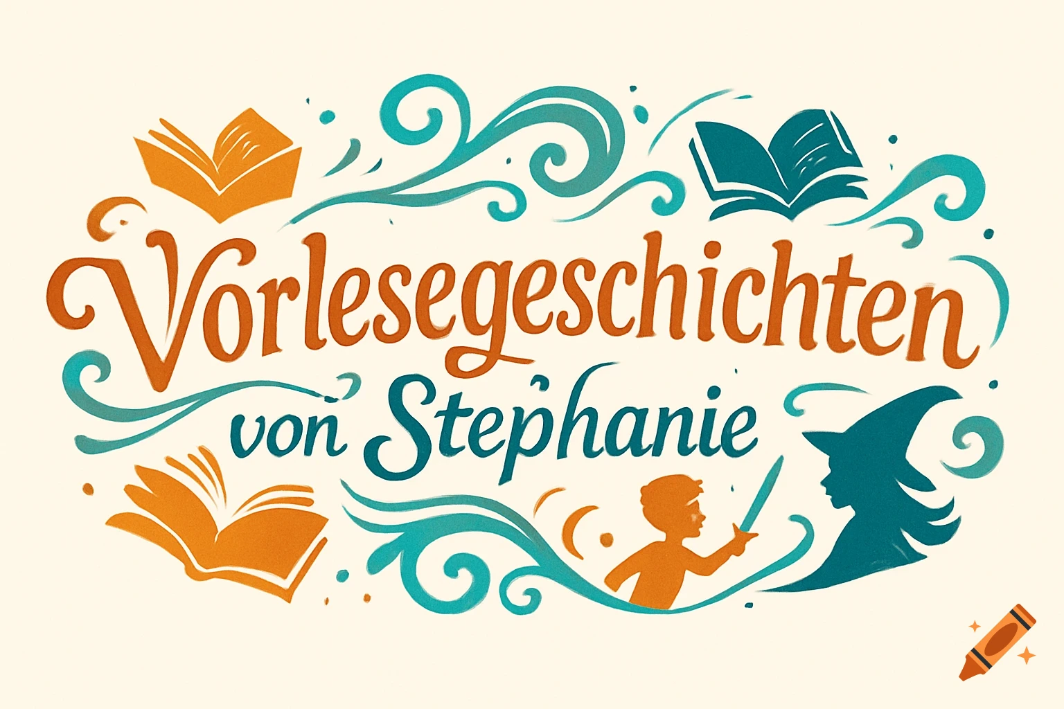 Playful graphic logo with 'Vorlesegeschichten von Stephanie' text, surrounded by books, swirls, a child, and a witch's hat silhouette.