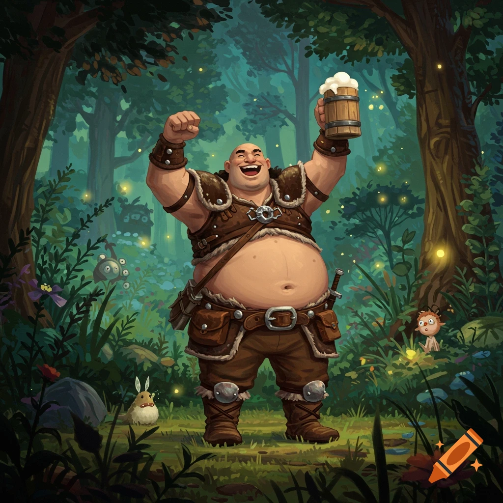 A cheerful, bald, chubby barbarian in leather armor holds up a frothy beer mug in a magical, firefly-lit forest with small creatures.