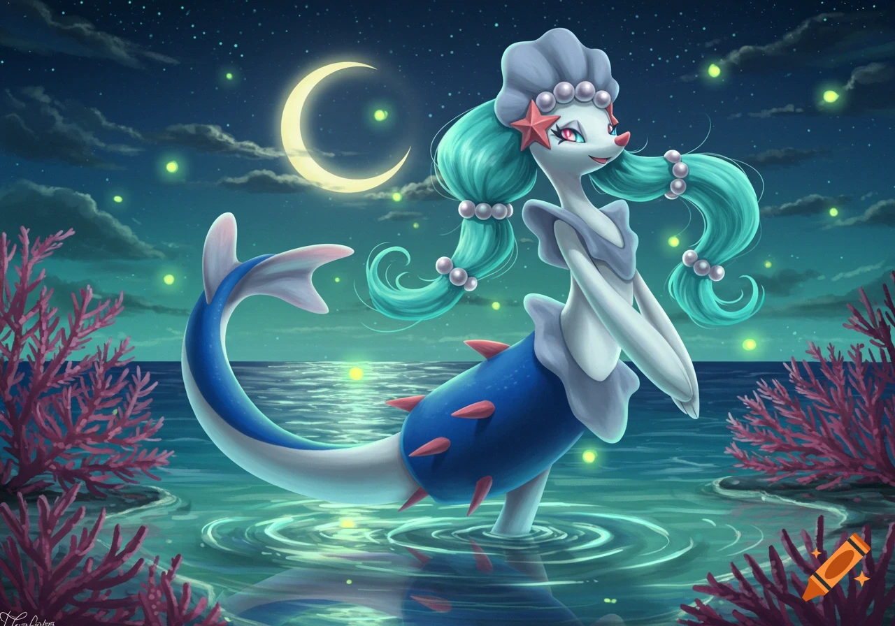 An illustration of the Pokémon Primarina in a flirtatious pose, standing in moonlit ocean water, surrounded by red coral.