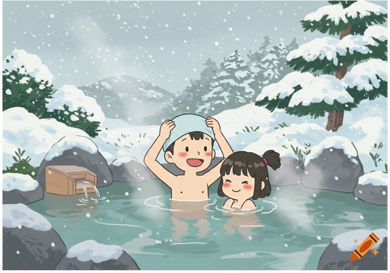 A cartoon boy and girl in an outdoor onsen in a snowy winter mountain landscape.