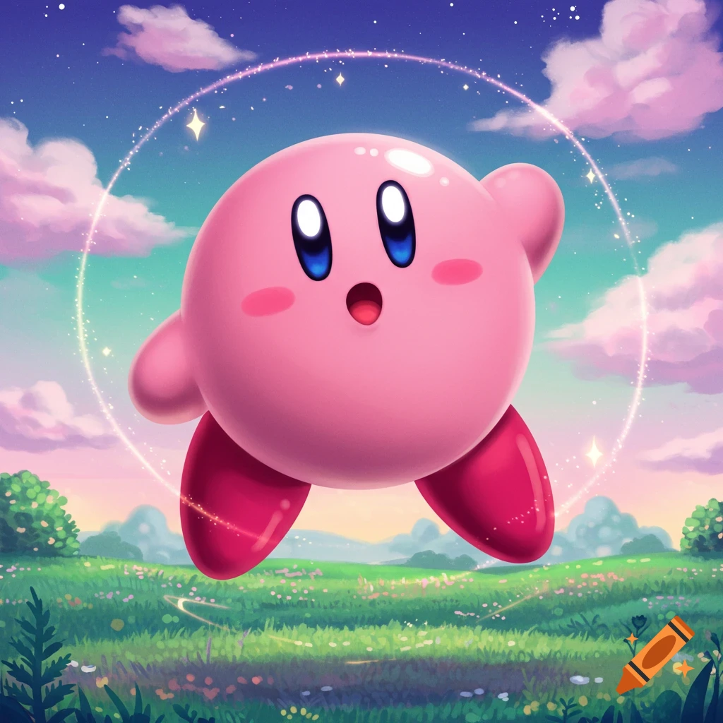 Pink Kirby floats in a grassy field with a magical, sparkling ring, under a pastel blue and pink sky.