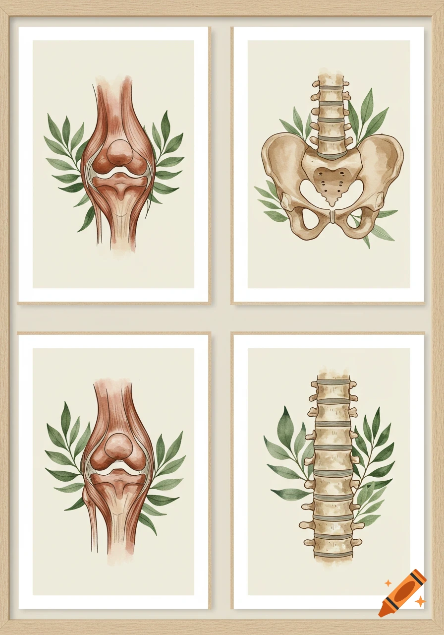 Four framed watercolor illustrations of human anatomy: two knees, a pelvis, and a segment of the spine, adorned with green leaves.