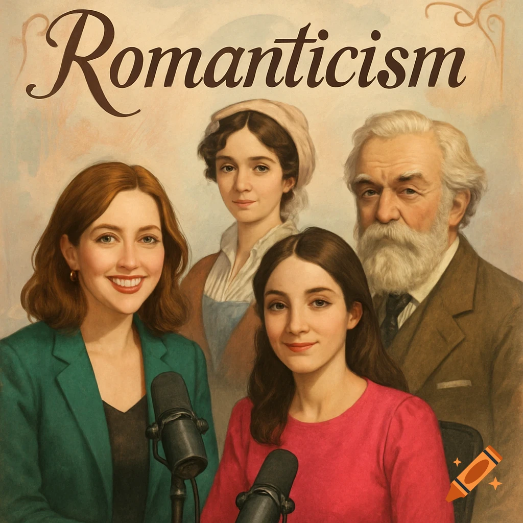An illustrative podcast cover for 'Romanticism,' showing two modern women with microphones, a woman in period dress, and an older man.