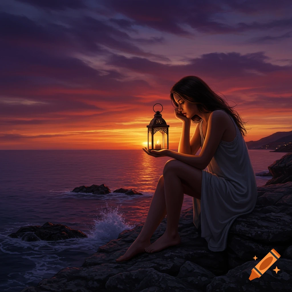 A thoughtful woman in a white dress sits on a rocky cliff holding a lantern, gazing at a vibrant sunset over the sea.