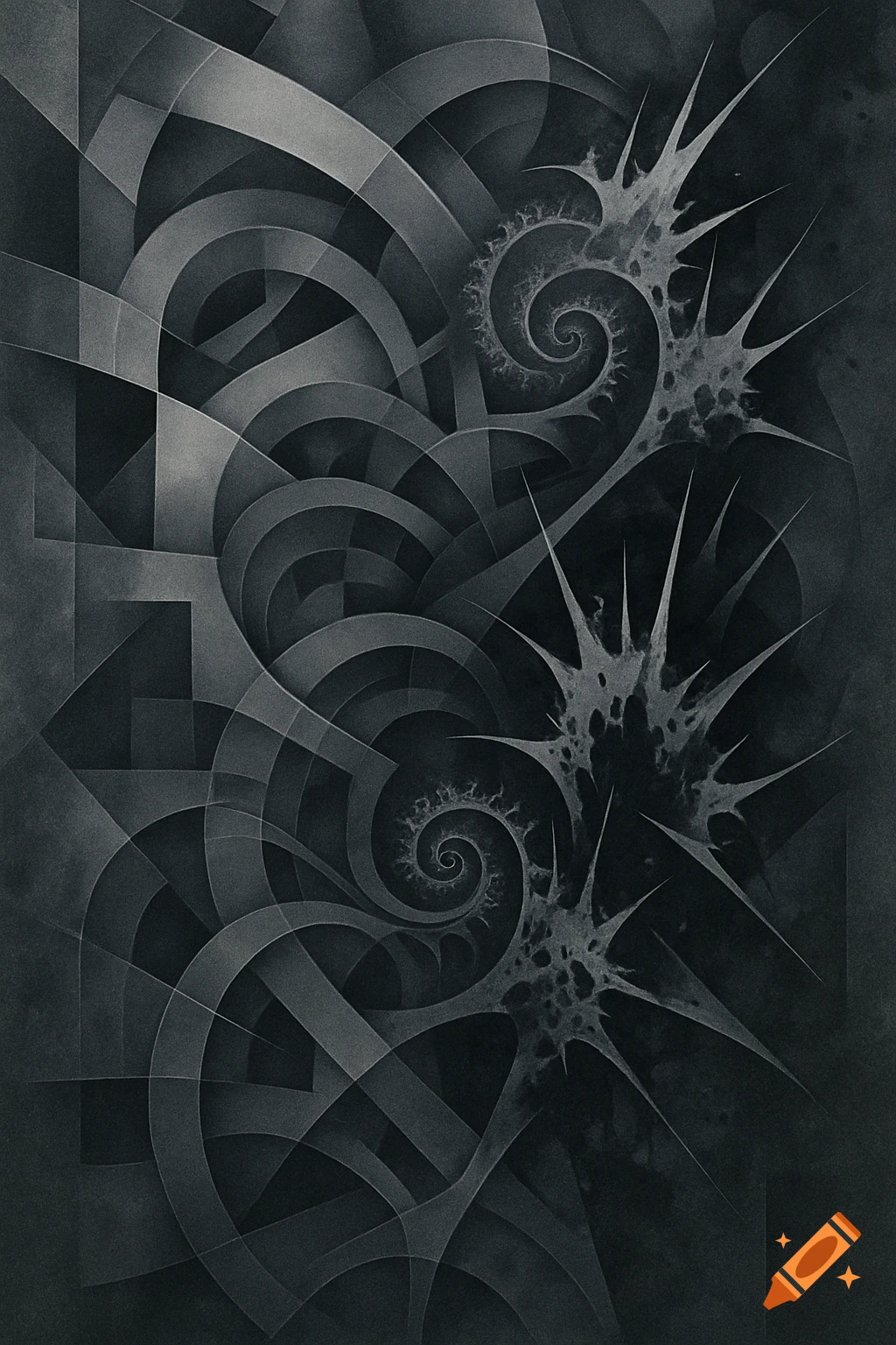 Abstract grayscale art with geometric arches and intertwining fractal spirals ending in spiky, chaotic forms.