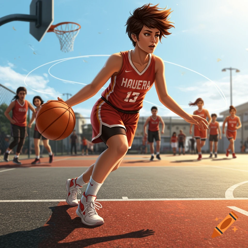 An illustration of a woman with short brown hair dribbling a basketball on an outdoor court, wearing a red jersey.