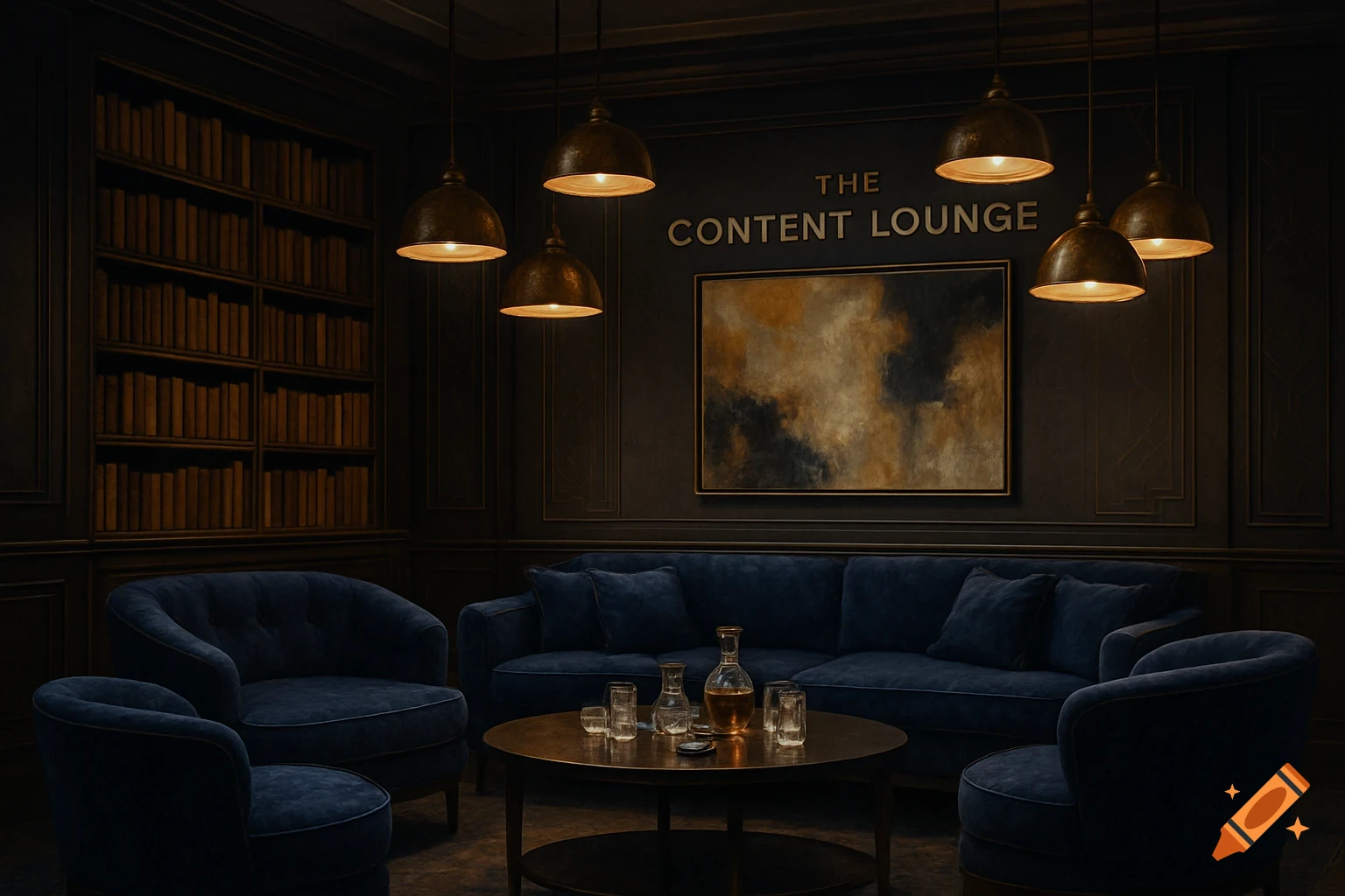 A dimly lit, elegant lounge with navy velvet furniture, a brass table with drinks, a bookshelf, and 'THE CONTENT LOUNGE' on the wall.