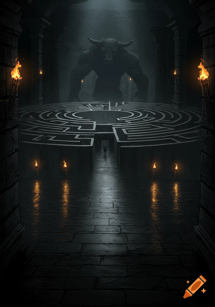 A dark, torch-lit ancient labyrinth with a small figure approaching a giant minotaur silhouette in the foggy background.