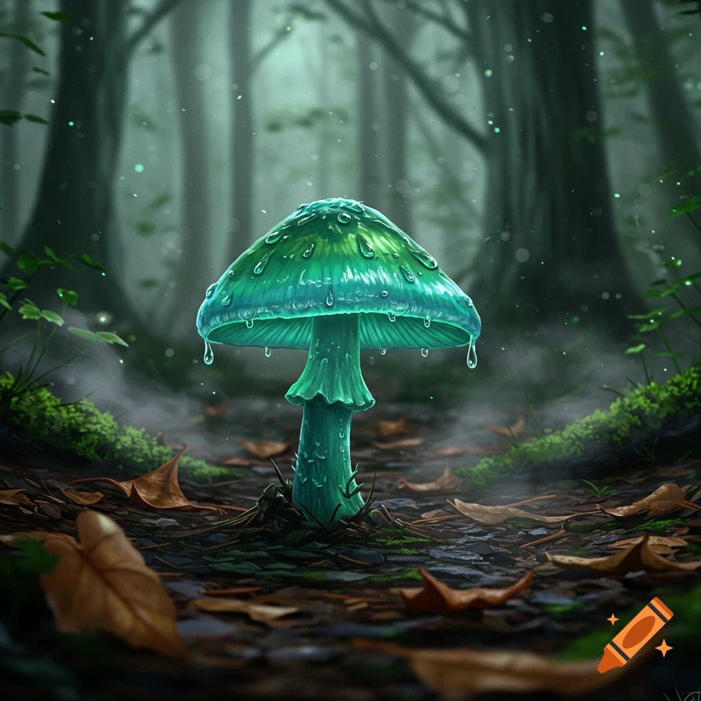 A luminous green and blue mushroom glows in a dark, misty forest with water droplets on its cap. Digital art style.