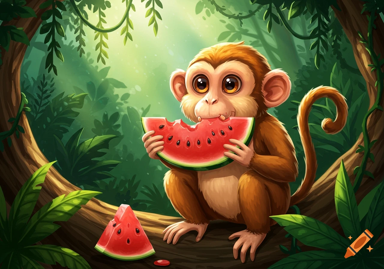 Cute cartoon monkey with big eyes eating a slice of watermelon in a lush green jungle.