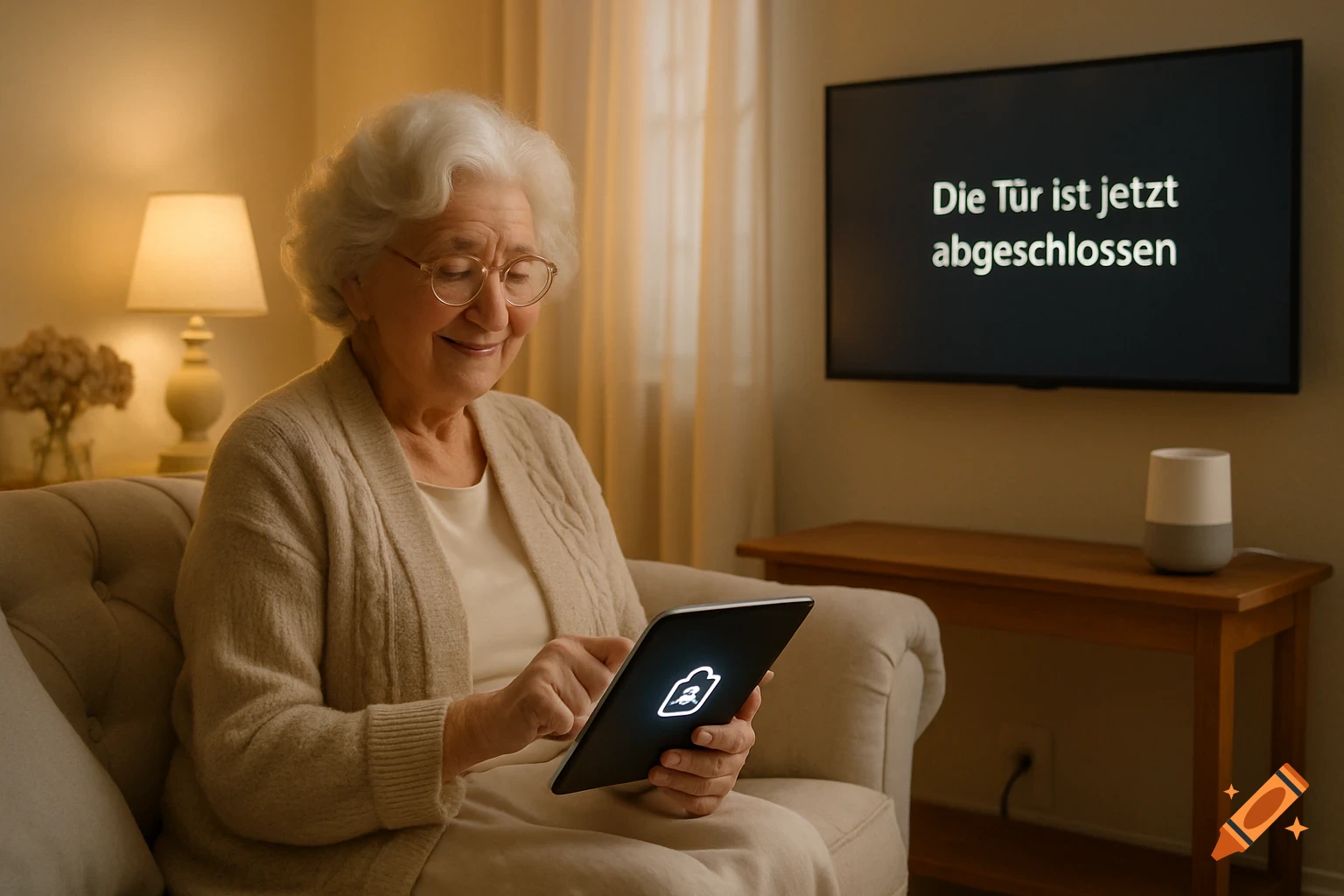 Elderly woman uses a tablet in a cozy living room, smart home message 'Die Tür ist jetzt abgeschlossen' on TV.