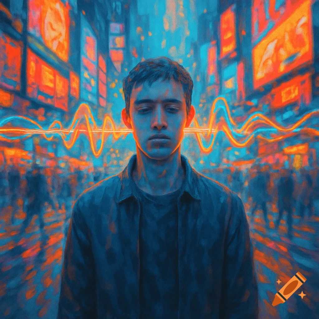 A young man with a somber expression stands amidst glowing orange and blue sound waves in a blurred, vibrant, futuristic city.