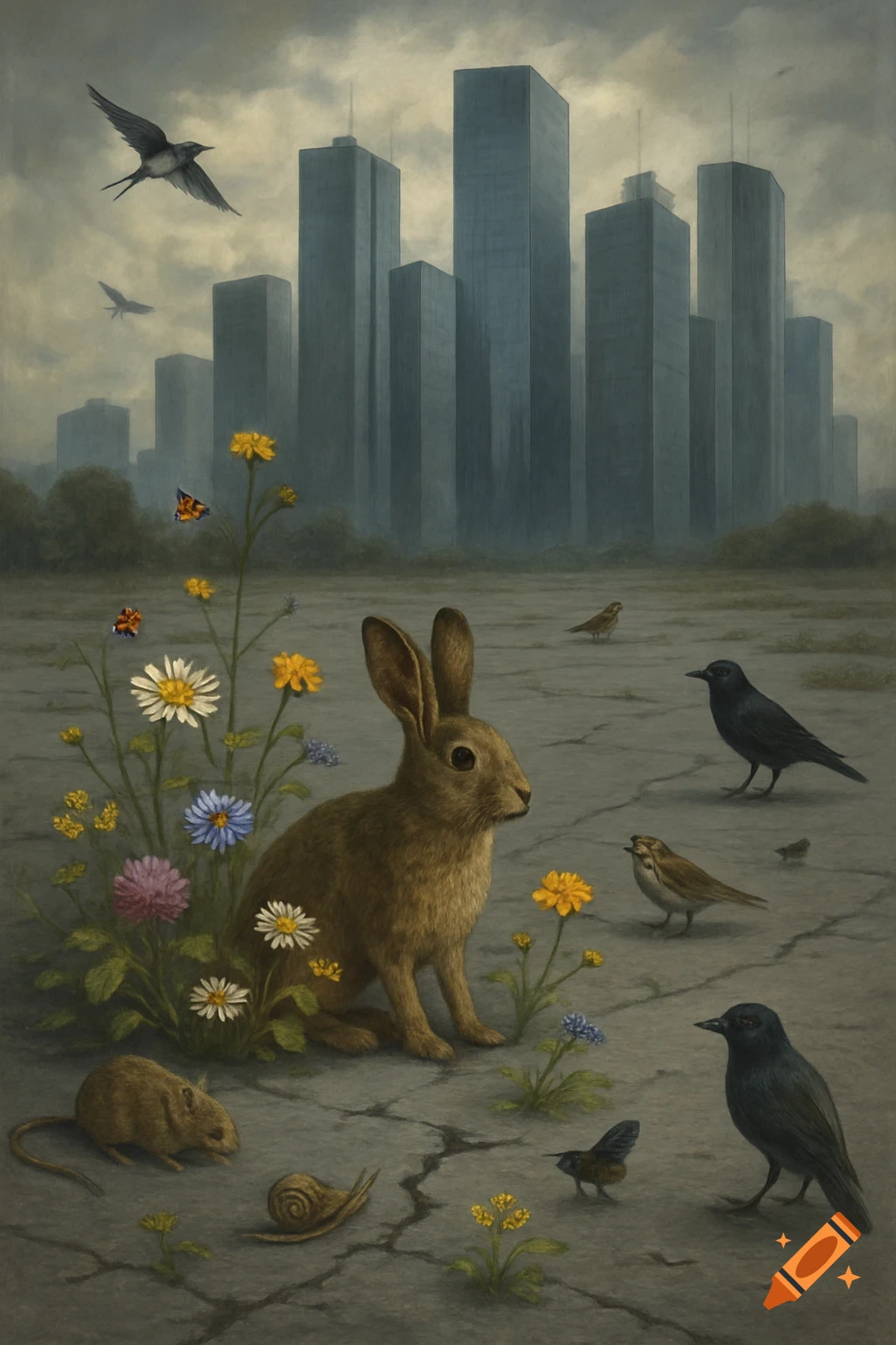 A rabbit, mouse, birds, and flowers on cracked earth with a desolate city skyline and cloudy sky in a somber, painterly style.
