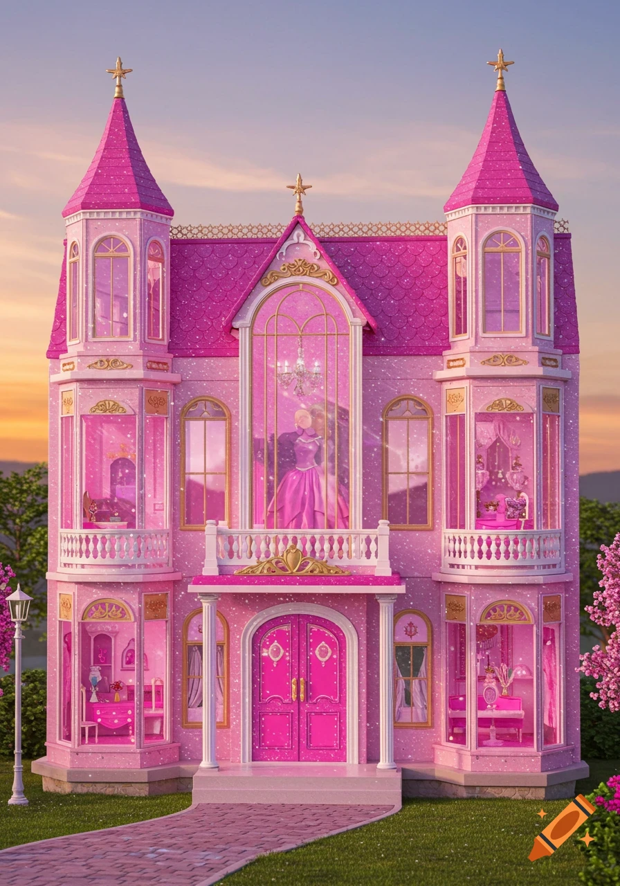 A glittering pink Barbie-style dollhouse with three stories, rectangular towers, wide glass windows, and white and gold accents, against a sunset sky.