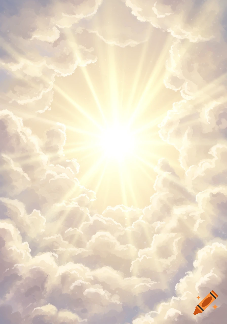 Bright sun rays burst through a dramatic, ethereal cloudscape.