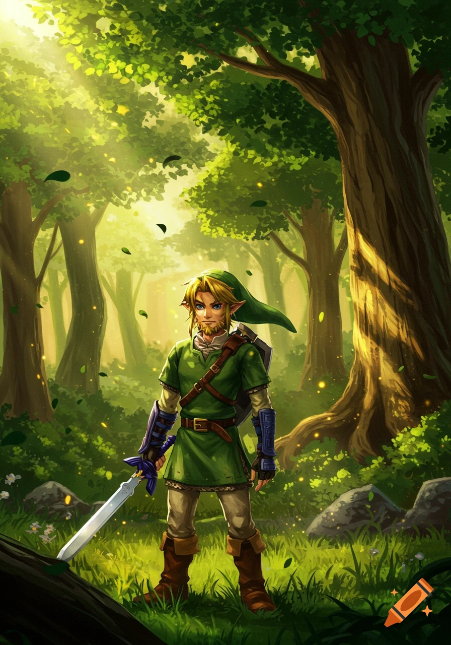 Link with a beard stands in a sunlit forest, holding a sword, in a vibrant digital art style.