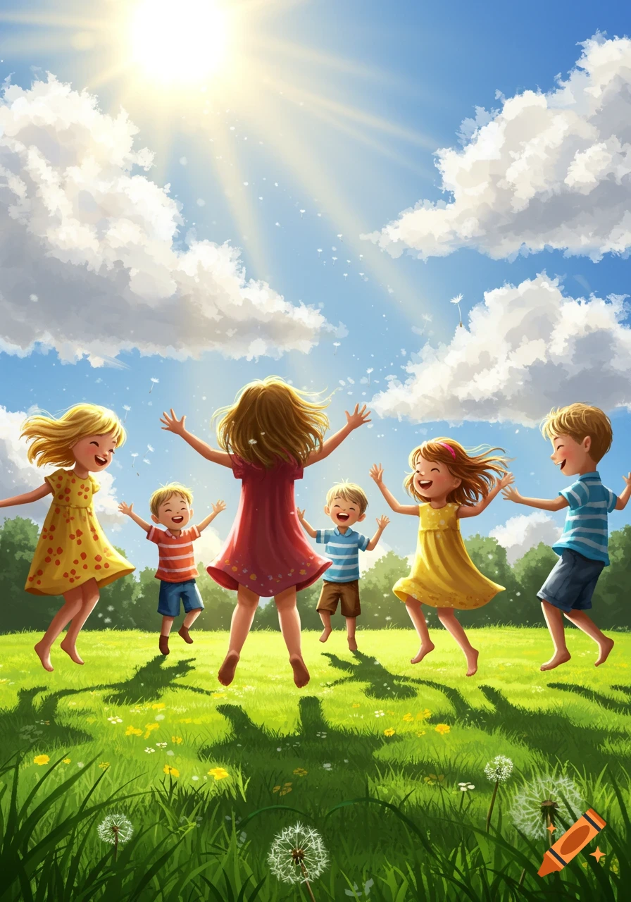 Illustration of six happy children jumping and playing in a sunny green field under a blue sky with white clouds.