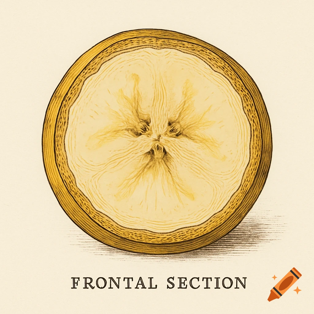 A detailed botanical illustration of a banana's frontal cross-section, labeled 'FRONTAL SECTION'.