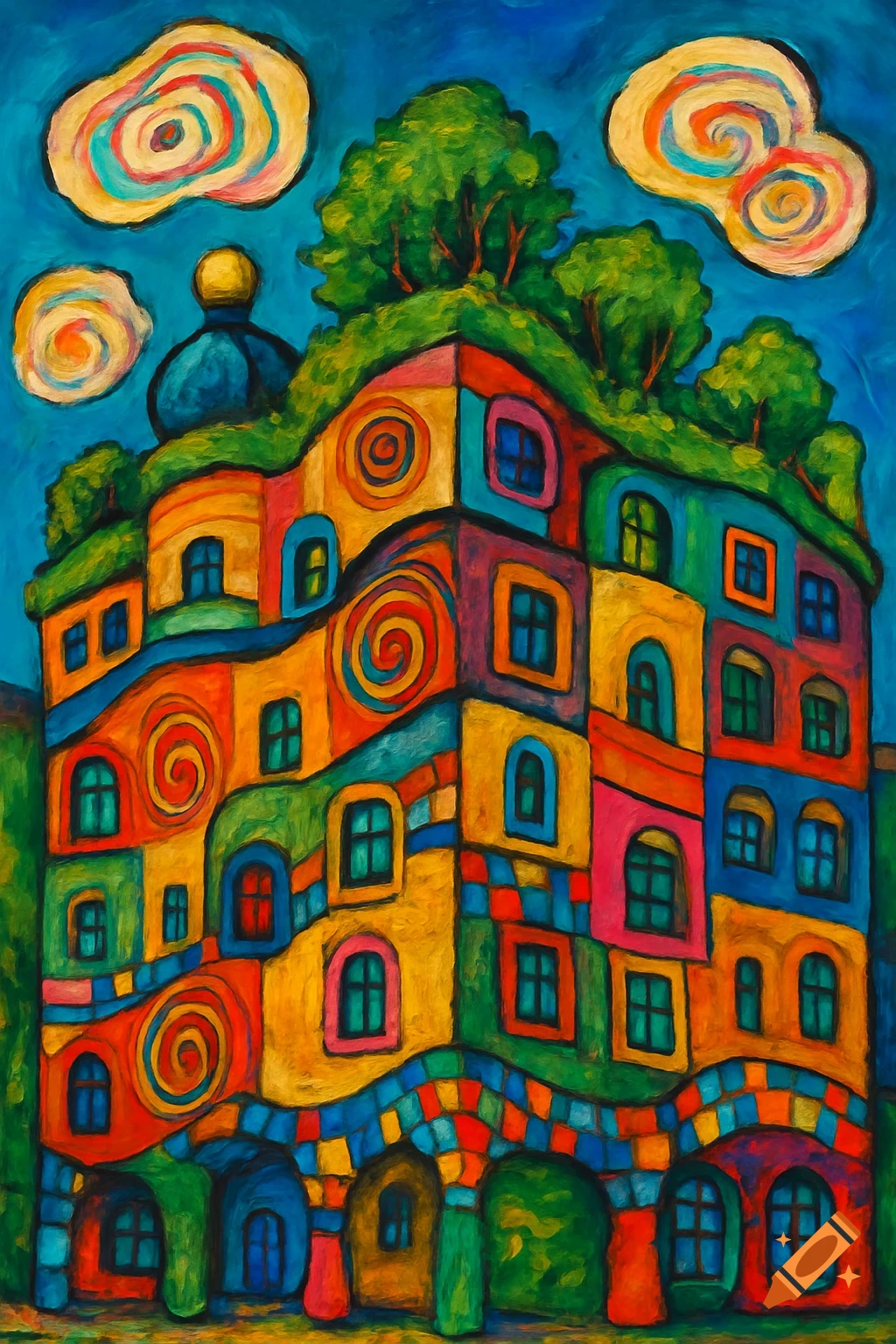 Vibrant, whimsical painting of a colorful, irregular building with spiral patterns, many windows, and a green roof with trees, in Hundertwasser style.