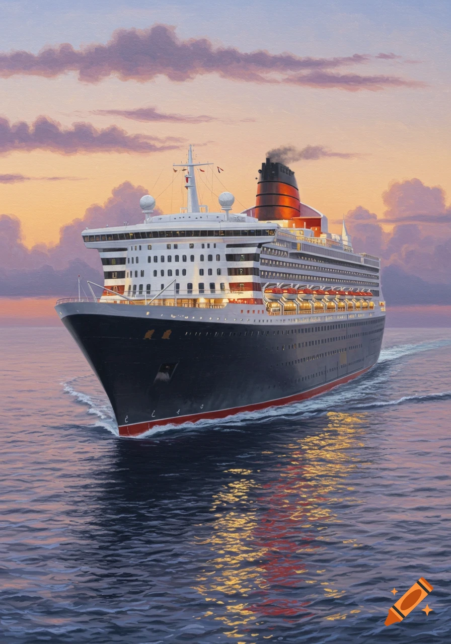 Painting of a large cruise ship sailing on the ocean during sunset with golden reflections on the water.