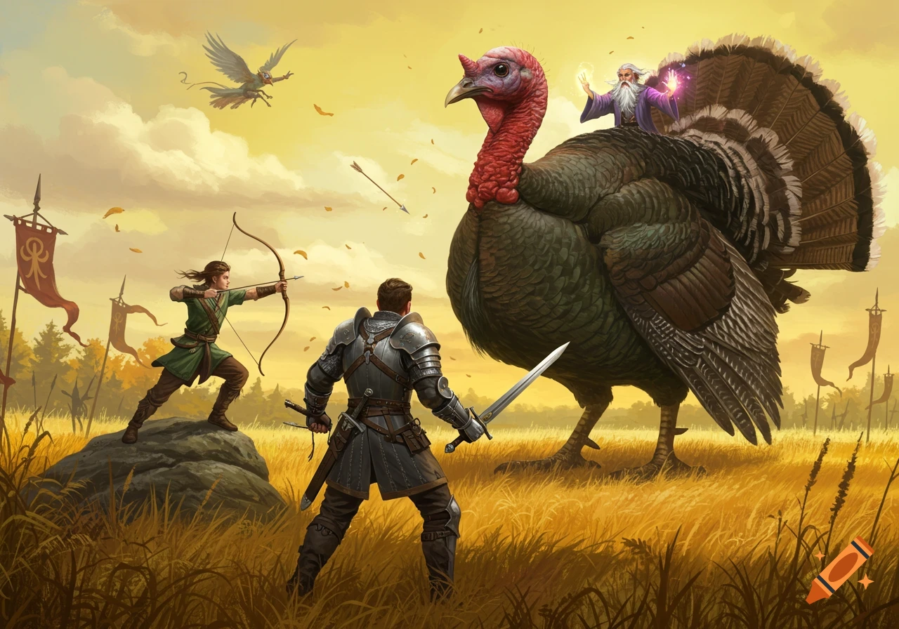 A warrior, bowman, and wizard fight a giant turkey in a golden field under a cloudy sky, digital painting.
