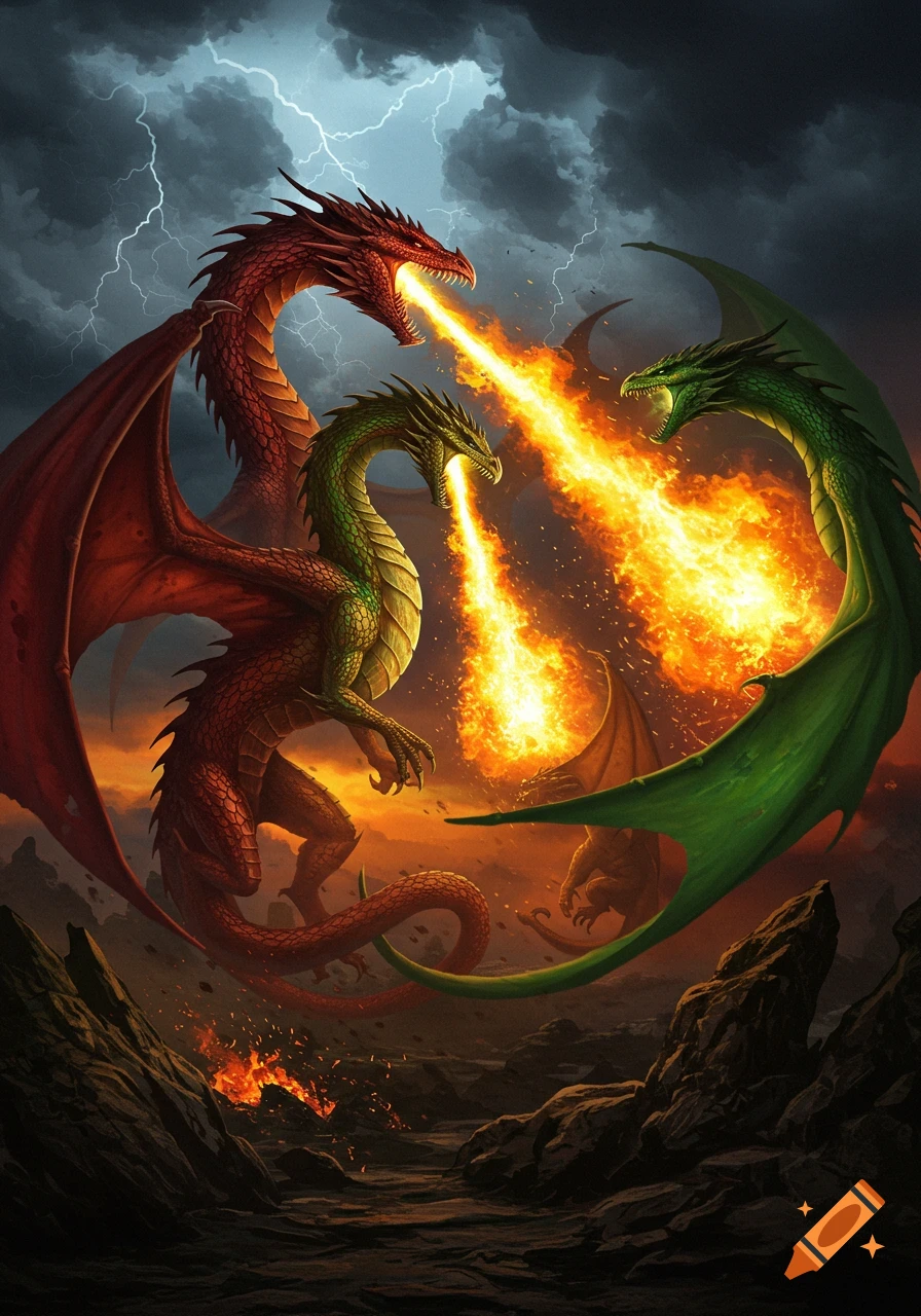 Three red and green dragons breathe fire amidst a stormy sky with lightning over a rugged, fiery landscape. Digital painting.