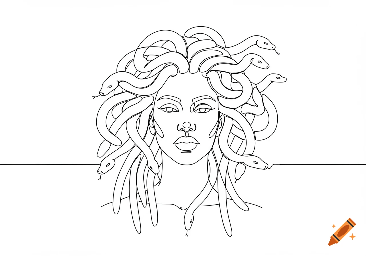 A minimalistic single-line drawing of Medusa's head with dreadlocks and snakes as her hair, depicted with a nose ring on a white background.