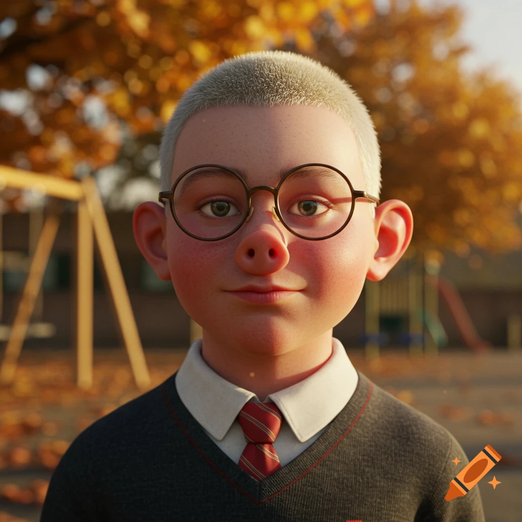 Close-up portrait of a young boy with a pig-like nose, round glasses, and short blonde hair, wearing a school uniform outdoors in autumn.