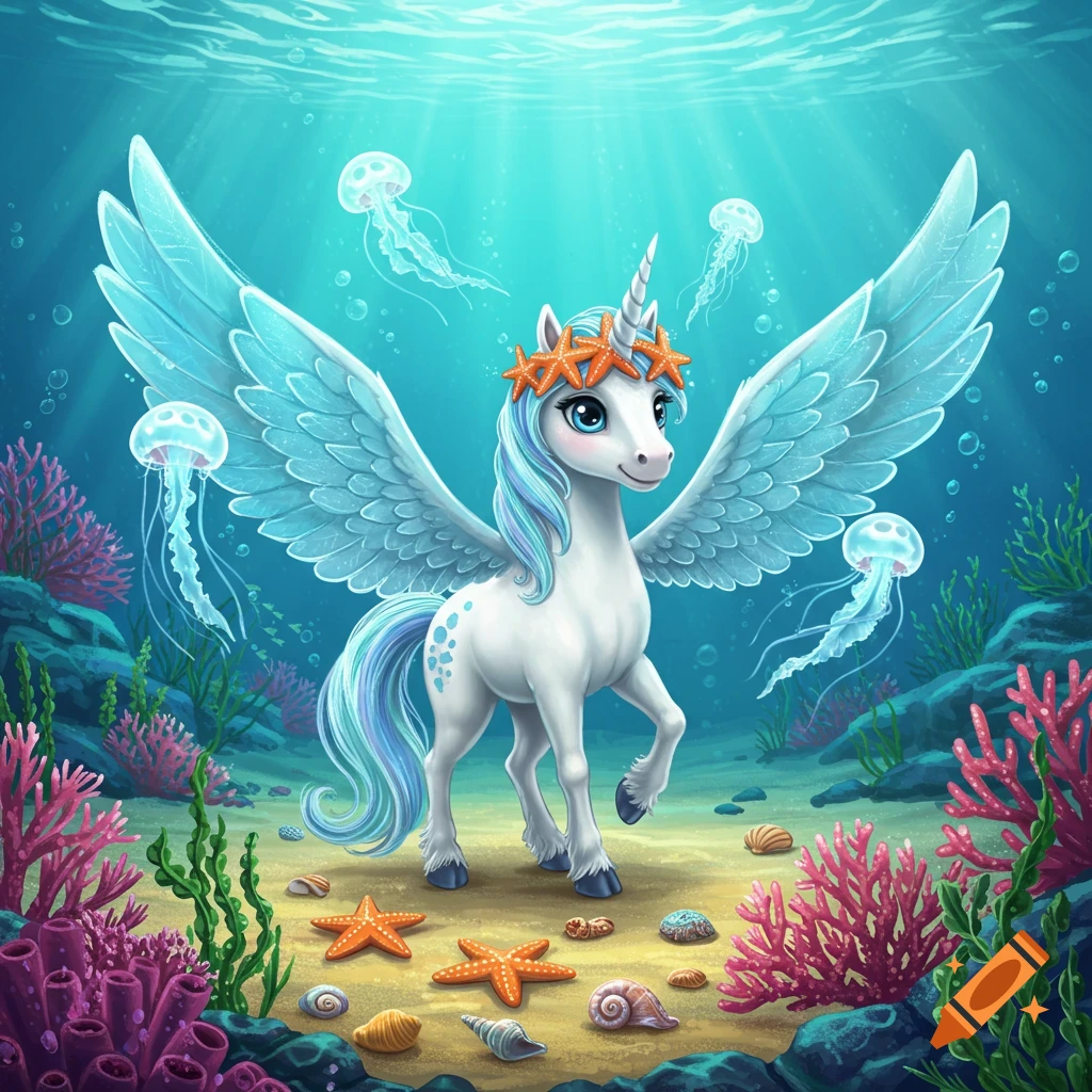 A whimsical unicorn with blue wings and mane, wearing a starfish crown, stands on a sandy ocean floor with coral and jellyfish.