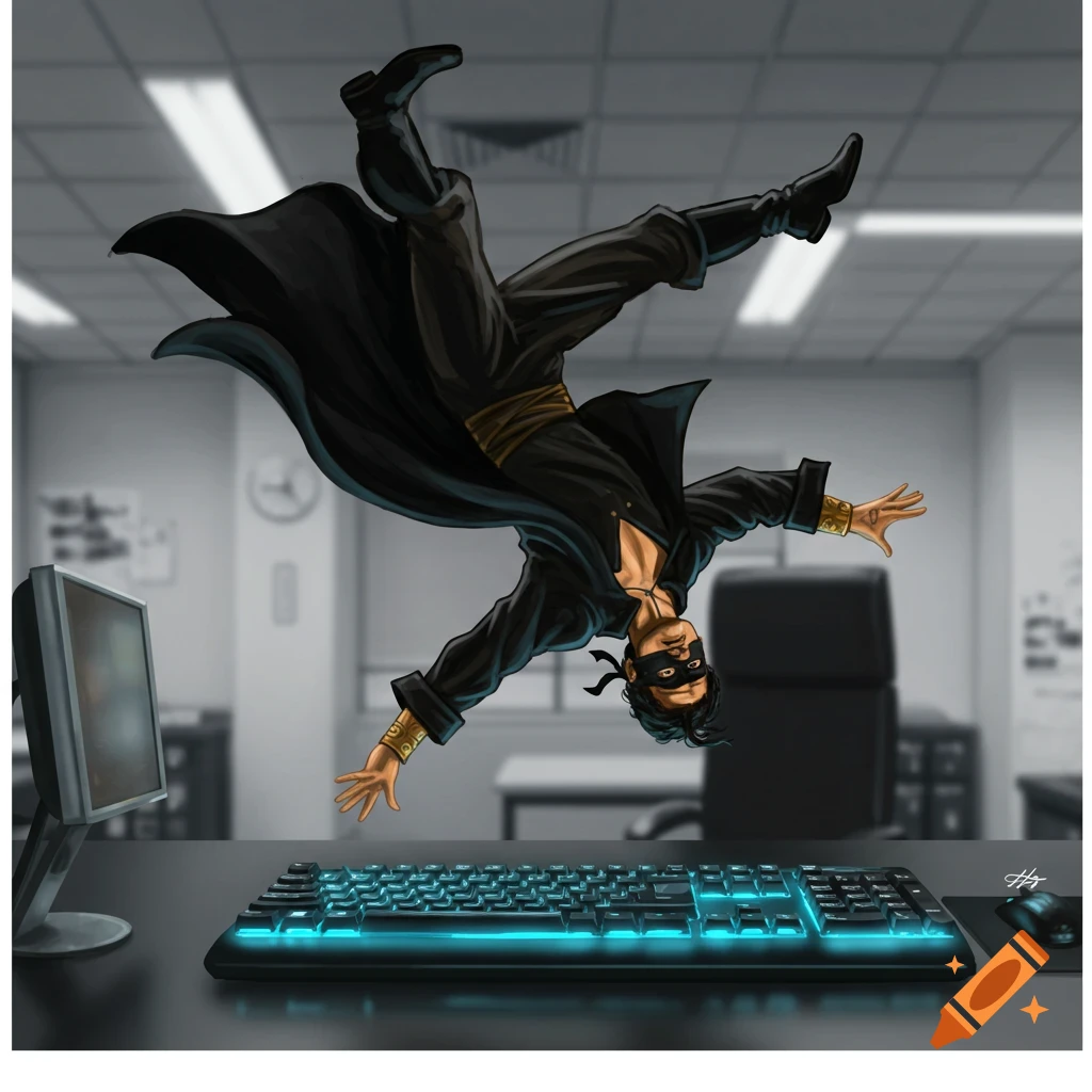 An illustration of Zorro doing a somersault above an office desk with a glowing blue keyboard and monitor.