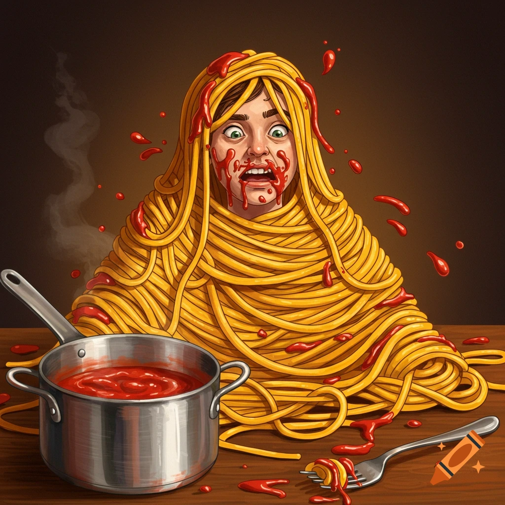 An illustrative image of a distressed person covered in spaghetti and tomato sauce, with a pot of sauce and fork on a table.
