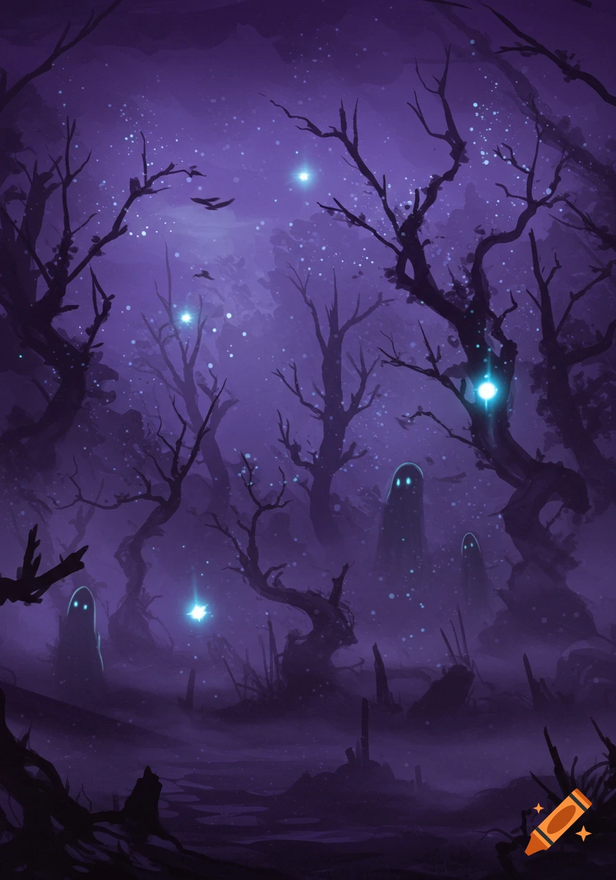 A spooky purple forest at night with bare trees, glowing lights, and ethereal ghost figures in the mist. Digital painting.