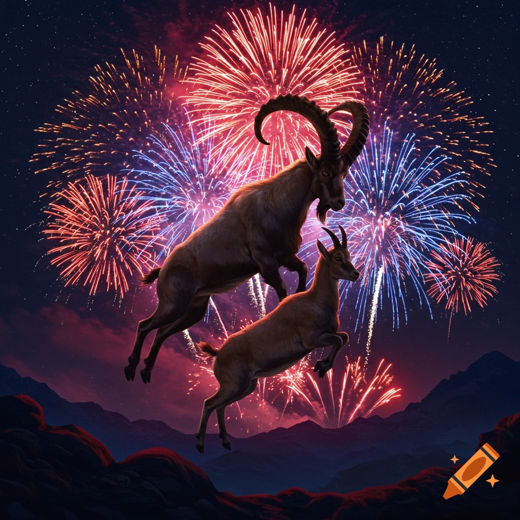 Two goats jump in mid-air against a backdrop of vibrant red and blue fireworks exploding over dark mountains at night.