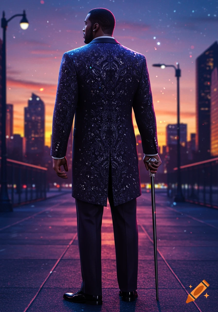 A stylish man in an ornate blue tuxedo coat stands with a cane, facing a vibrant city skyline at sunset. Digital art.