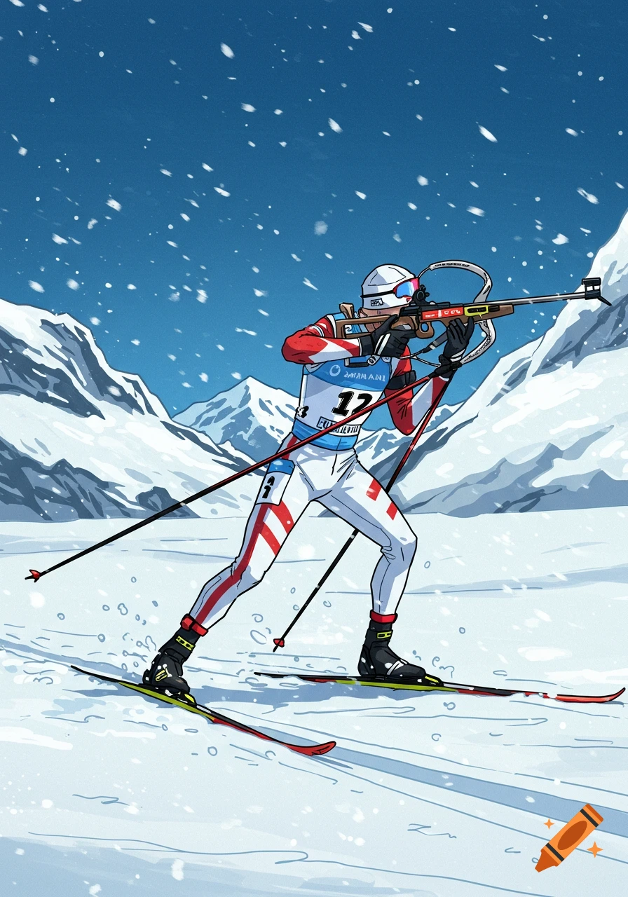 Comic book illustration of a biathlete skiing in snowy mountains, aiming a rifle. They wear a red and white suit with number 12.