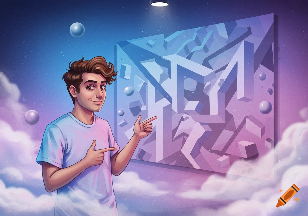 Cartoon man in a white t-shirt pointing at a large, abstract blue and pink geometric wall with floating spheres and clouds.