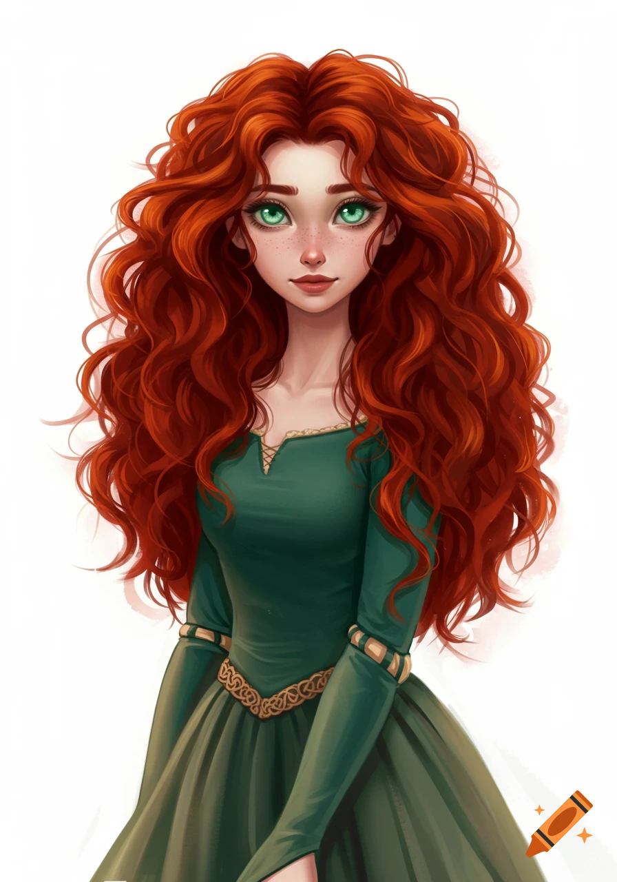 Animated woman with long wavy red hair and large green eyes, wearing a green medieval-style dress, on a white background.