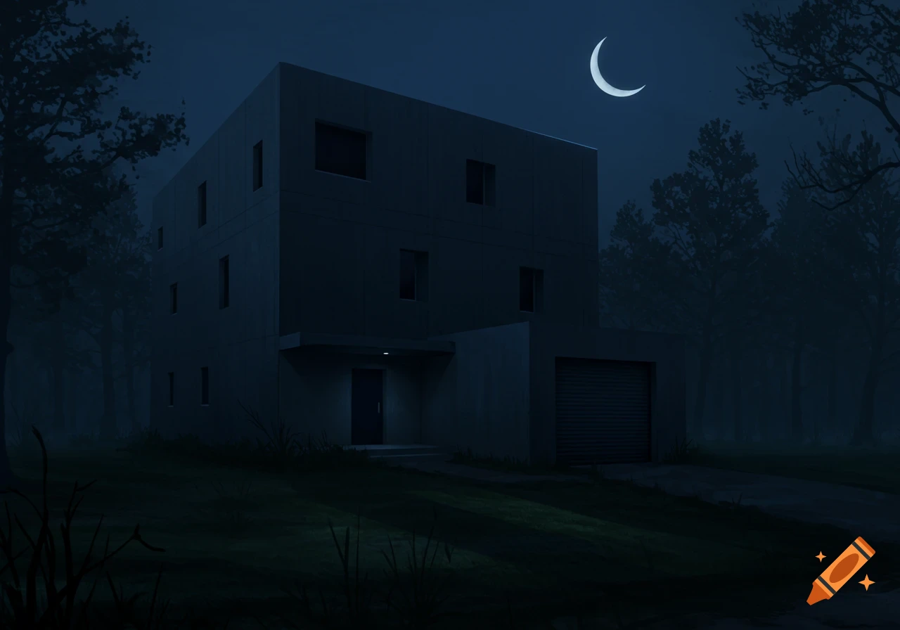 A modern concrete three-story house with a garage, illuminated by a crescent moon, stands in a dark, misty forest at night.