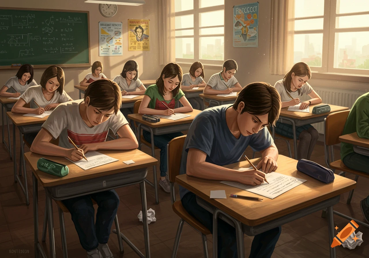 Illustrated scene of students with brown hair diligently taking a test at individual wooden desks in a sunlit classroom.