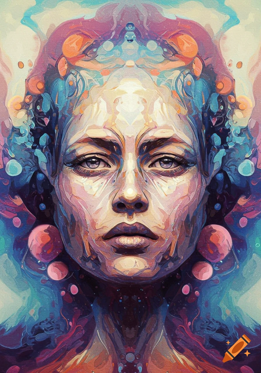 Vibrant, abstract digital painting of a woman's face, rendered with fragmented shapes and expressive brushstrokes in a palette of blues, purples, pinks, and oranges.