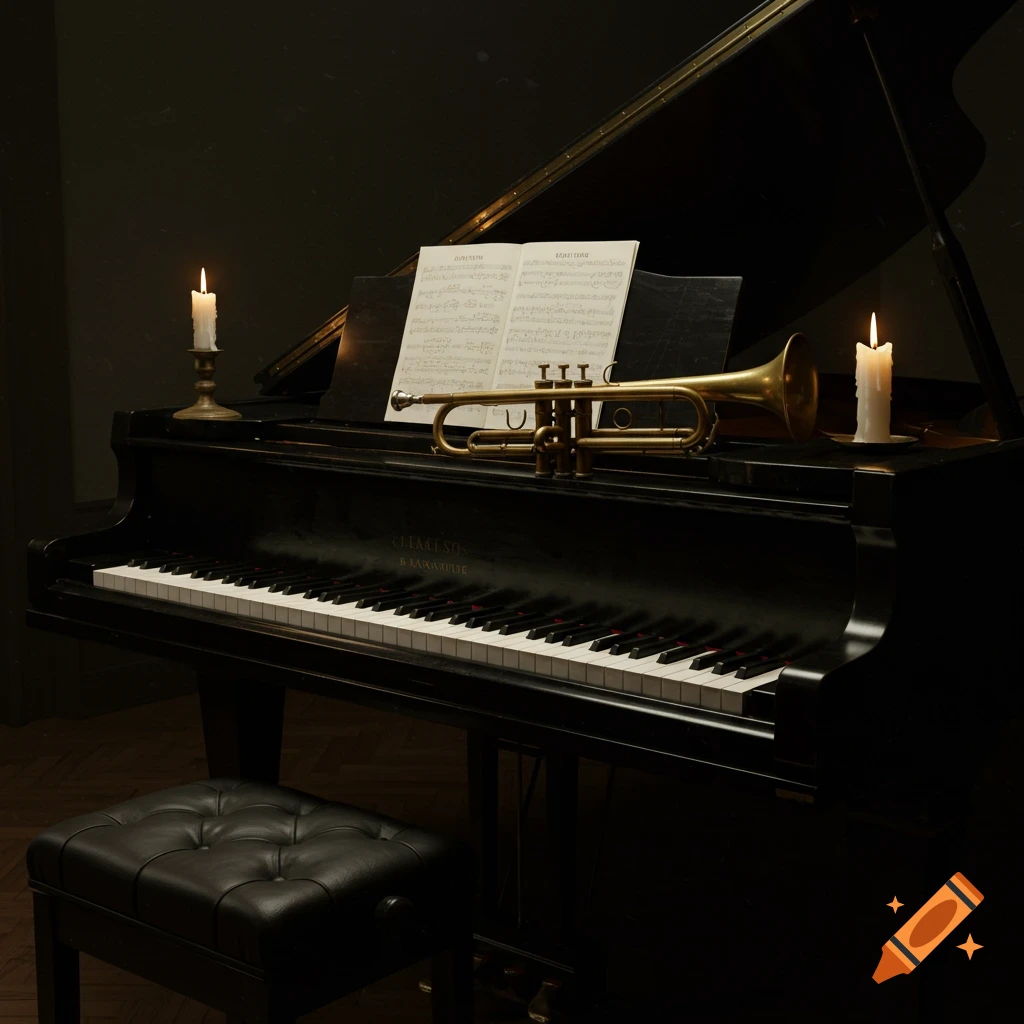 A dark, moody still life featuring a grand piano with a trumpet, sheet music, and two lit candles atop it, next to a matching piano stool.