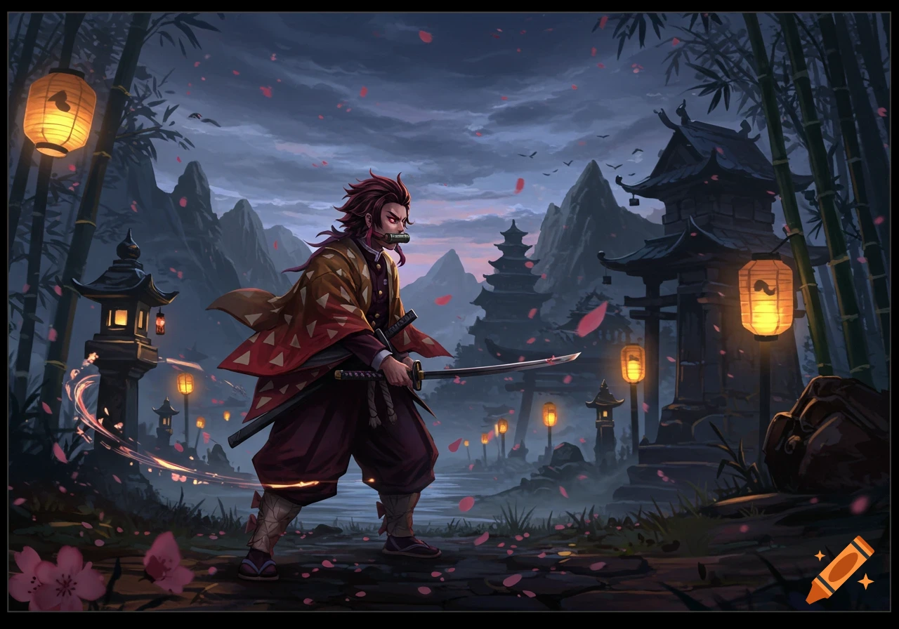 An anime character in a patterned haori holds a katana amidst Japanese temples, bamboo, and glowing lanterns under a dark sky.
