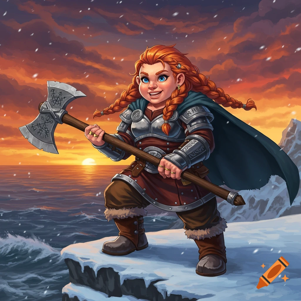 Cartoon dwarf girl in viking armor smiles, holding an axe on a snowy cliff overlooking an ocean sunset.